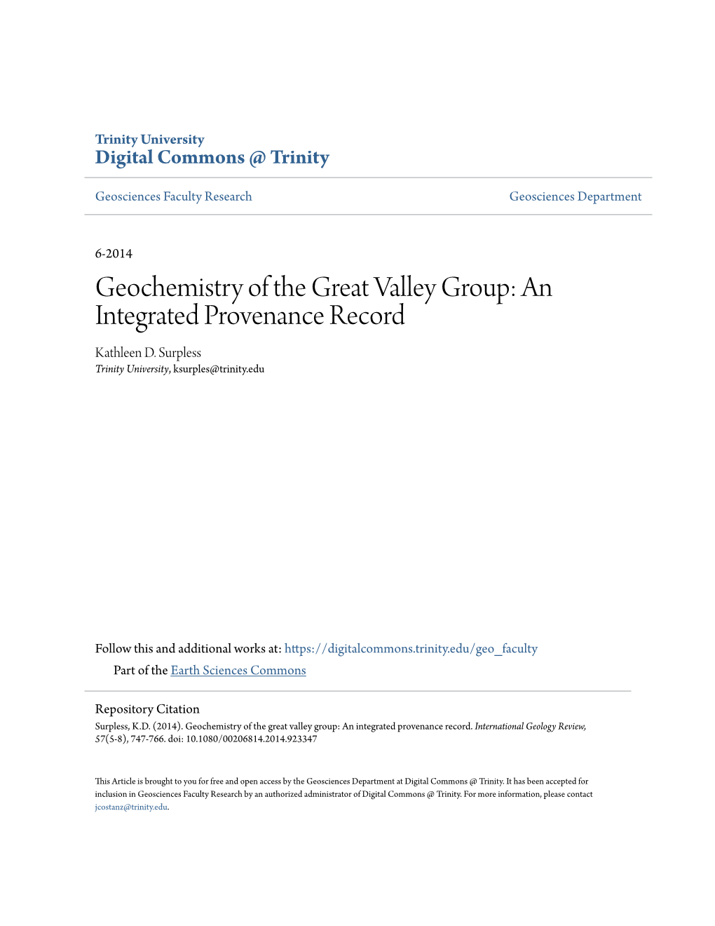 Geochemistry of the Great Valley Group: an Integrated Provenance Record Kathleen D