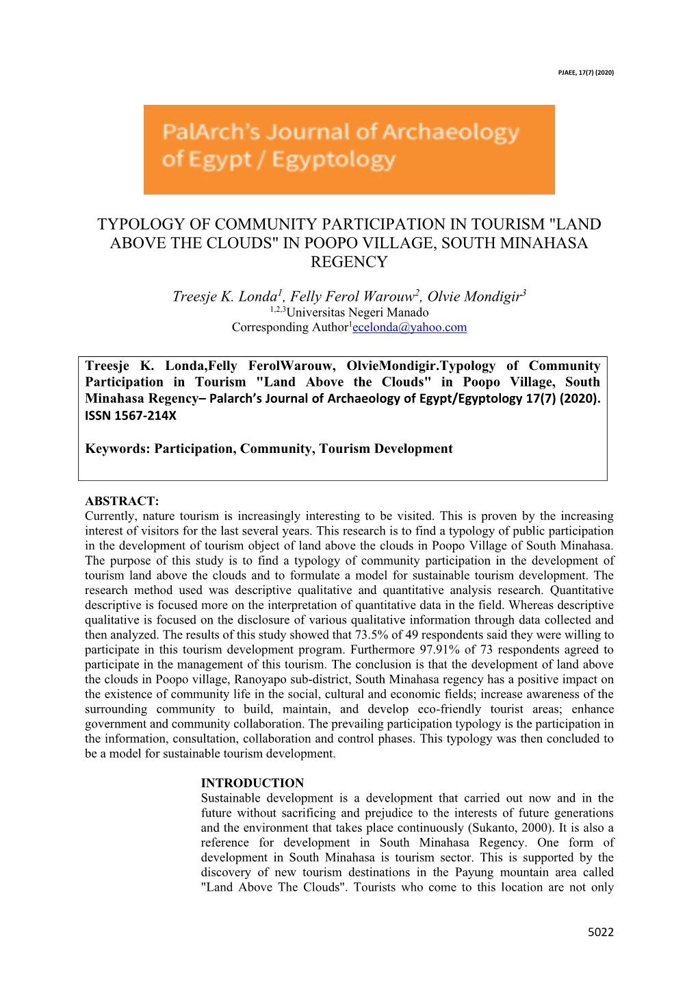 Typology of Community Participation in Tourism "Land Above the Clouds" in Poopo Village, South Minahasa Regency