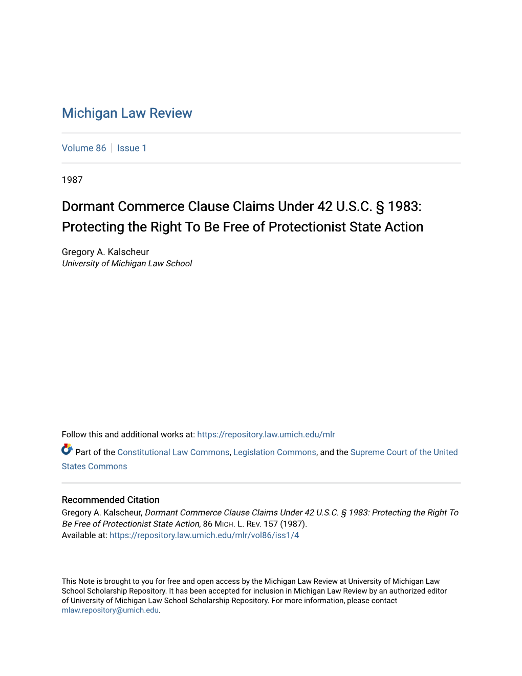 Dormant Commerce Clause Claims Under 42 U.S.C. § 1983: Protecting the Right to Be Free of Protectionist State Action