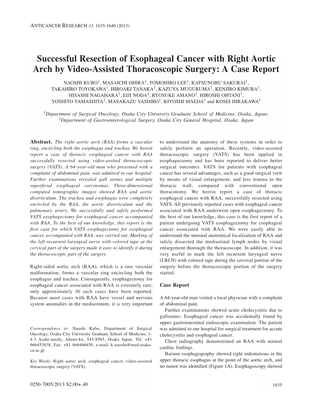 Successful Resection of Esophageal Cancer with Right Aortic Arch by Video-Assisted Thoracoscopic Surgery: a Case Report