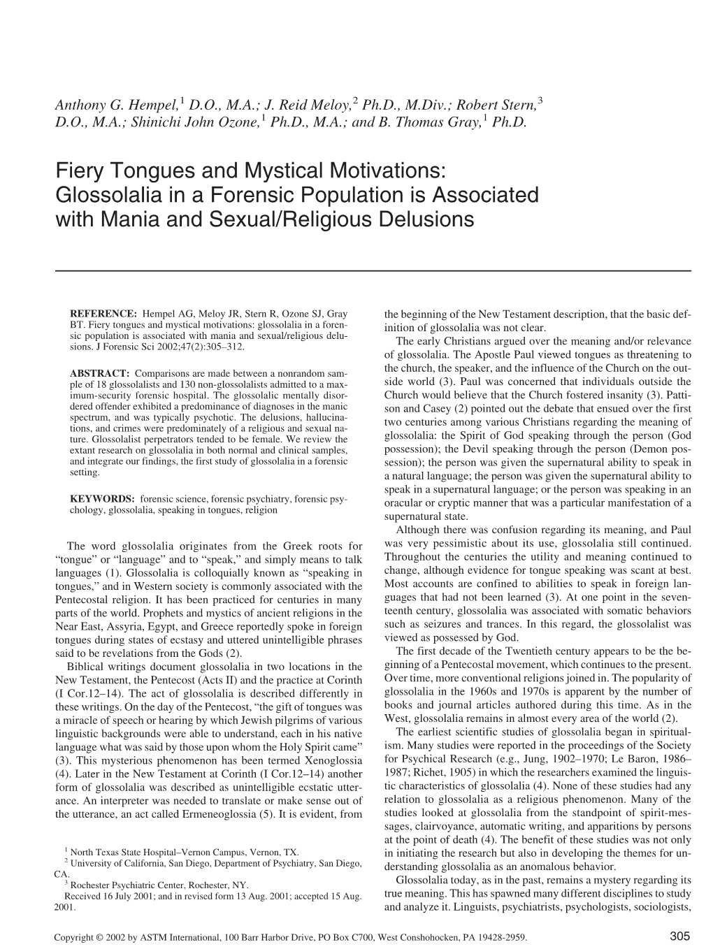 Fiery Tongues and Mystical Motivations: Glossolalia in a Forensic Population Is Associated with Mania and Sexual/Religious Delusions