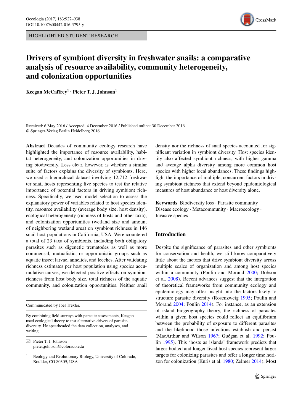 Drivers of Symbiont Diversity in Freshwater Snails: a Comparative Analysis of Resource Availability, Community Heterogeneity, and Colonization Opportunities