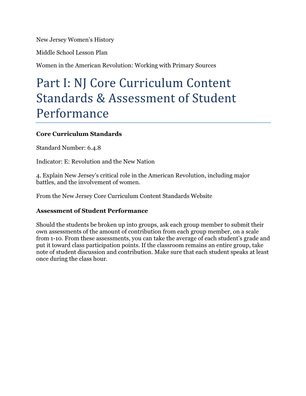 Part I: NJ Core Curriculum Content Standards & Assessment of Student