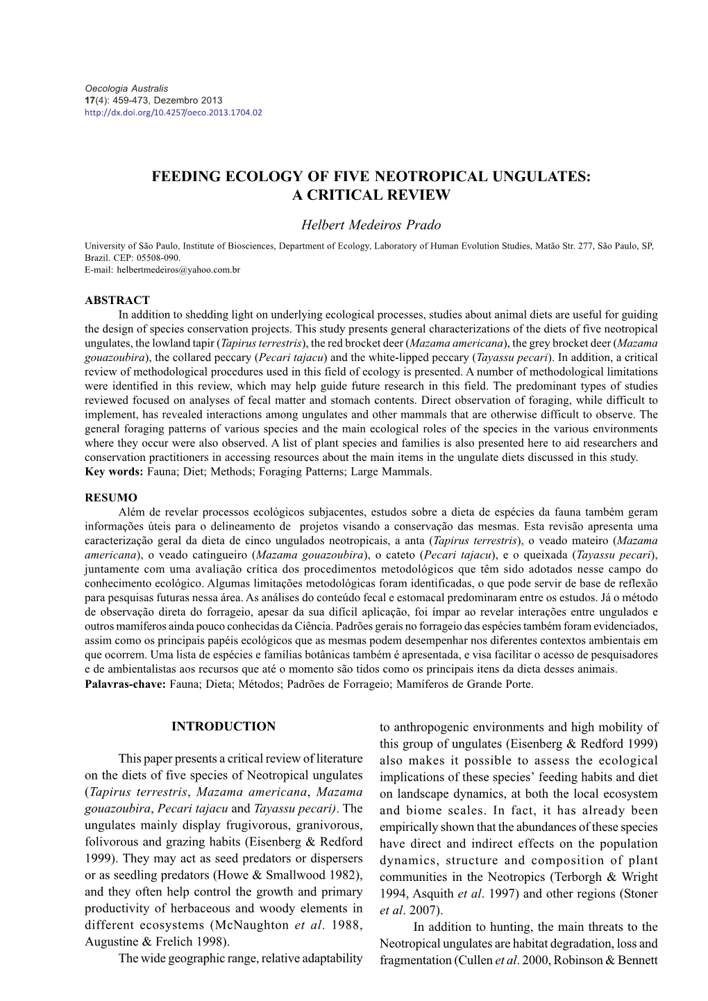 Feeding Ecology of Five Neotropical Ungulates: a Critical Review