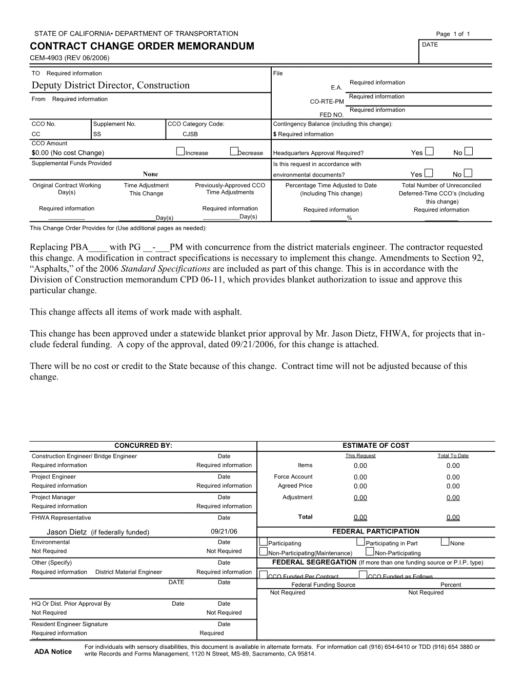 Contract Change Order Form