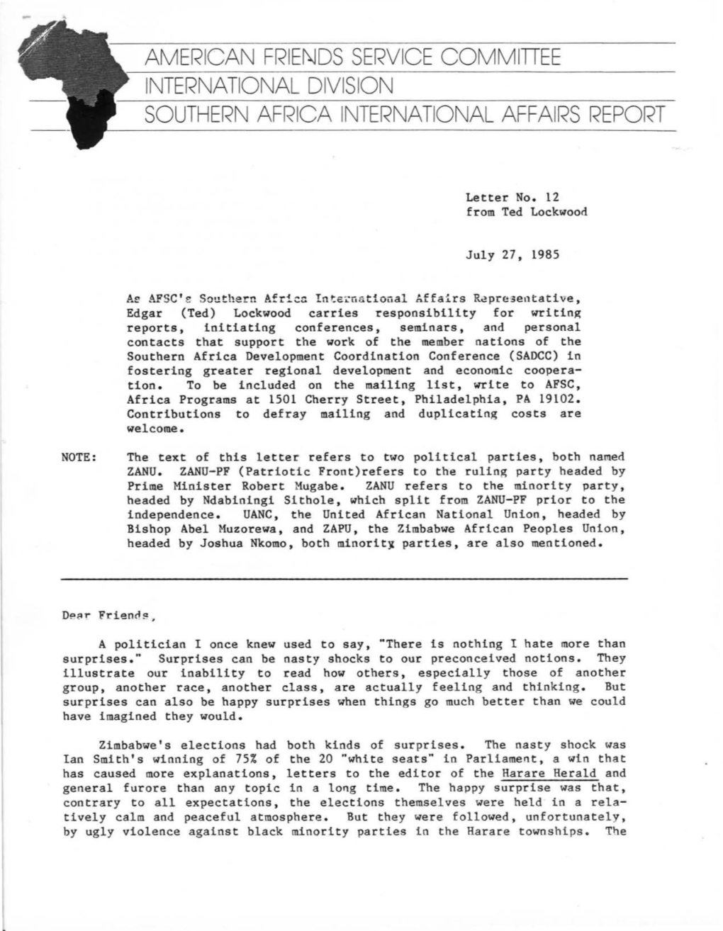 American Friends Service Commitiee International Division Southern Africa International Affairs Report