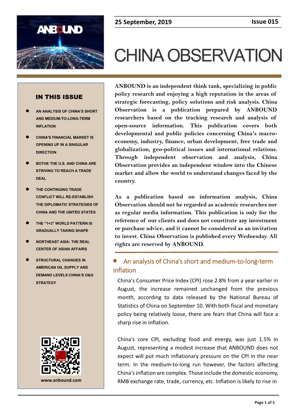 An Analysis of China's Short and Medium-To-Long-Term Inflation 25 September, 2019 Issue