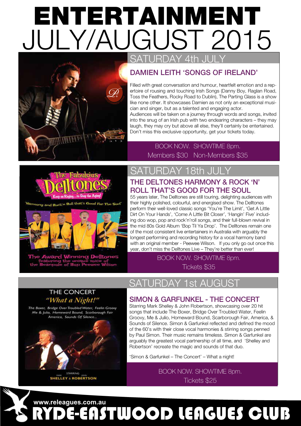 ENTERTAINMENT JULY/AUGUST 2015 SATURDAY 4Th JULY DAMIEN LEITH ‘SONGS of IRELAND’