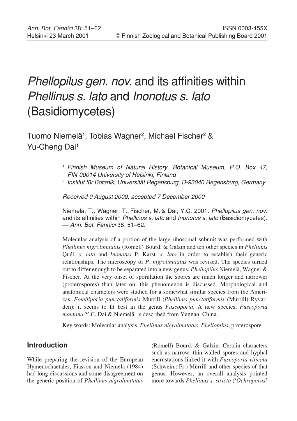 Phellopilus Gen. Nov. and Its Affinities Within Phellinus S. Lato and Inonotus