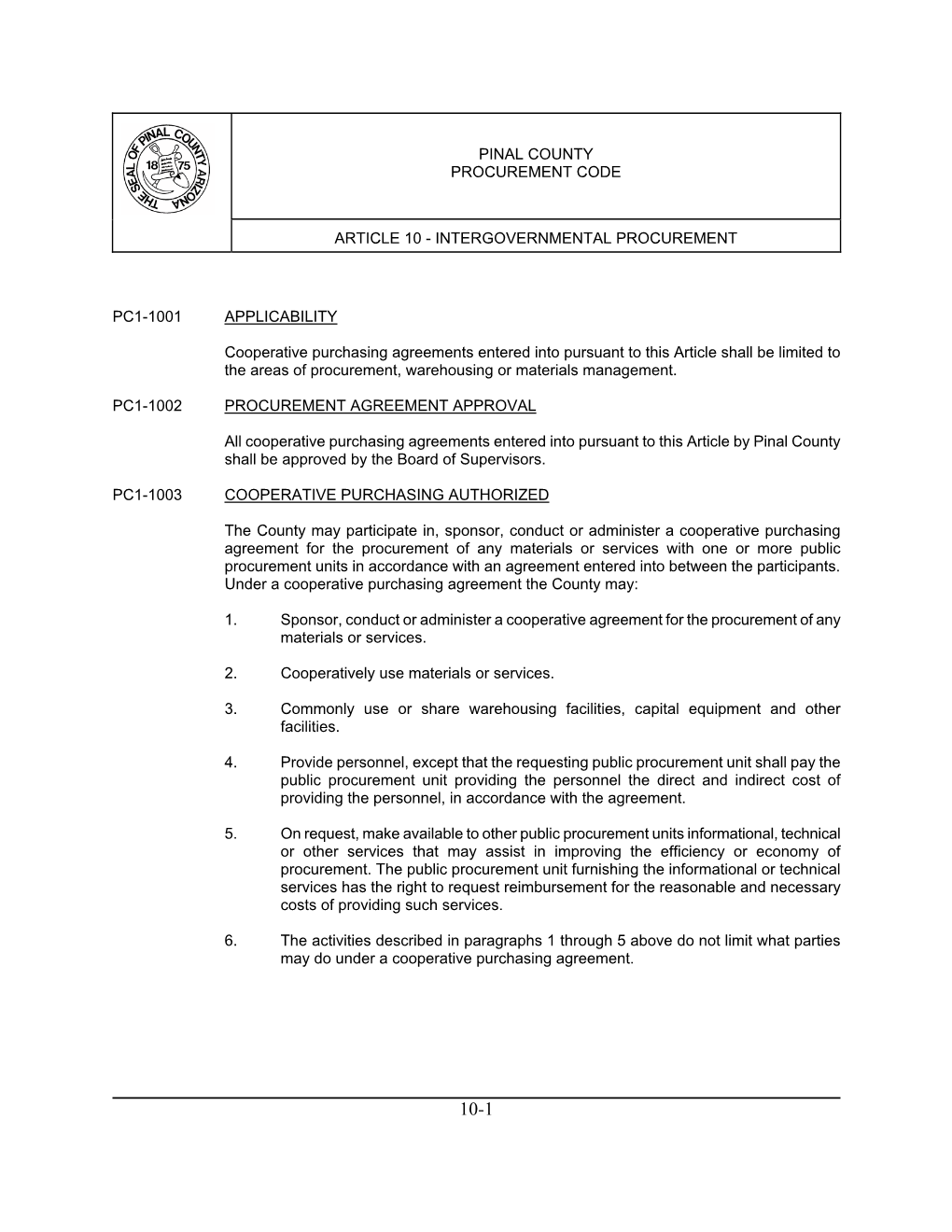 Pinal County Procurement Code Article 10