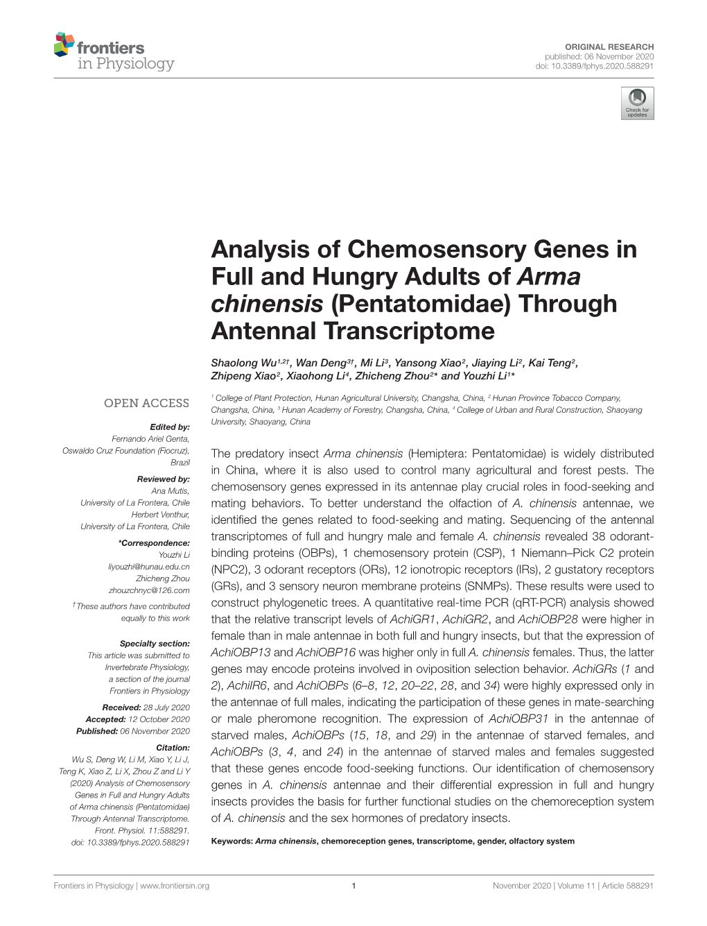 Analysis of Chemosensory Genes in Full and Hungry Adults of Arma Chinensis (Pentatomidae) Through Antennal Transcriptome