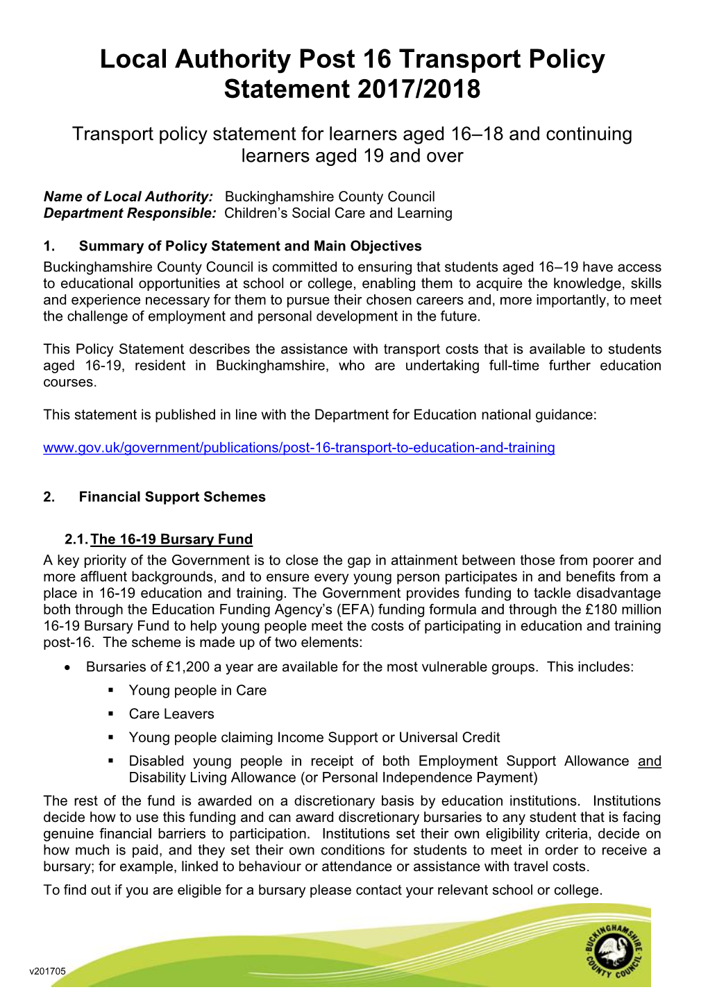 Post-16 Buckinghamshire County Council Travel Policy