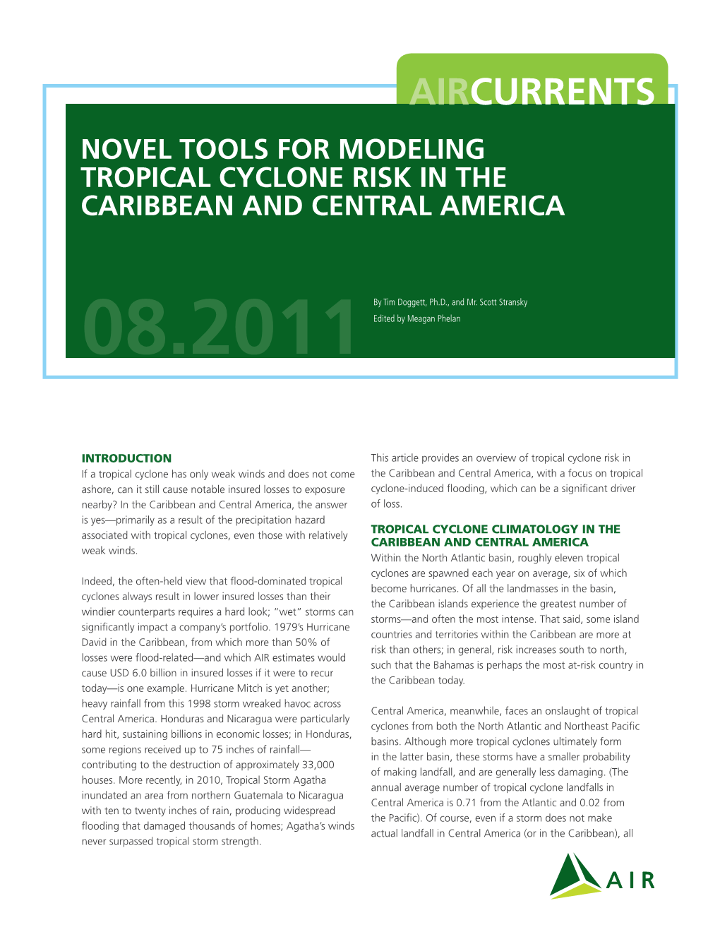 Aircurrents Novel Tools for Modeling Tropical Cyclone Risk in the Caribbean and Central America