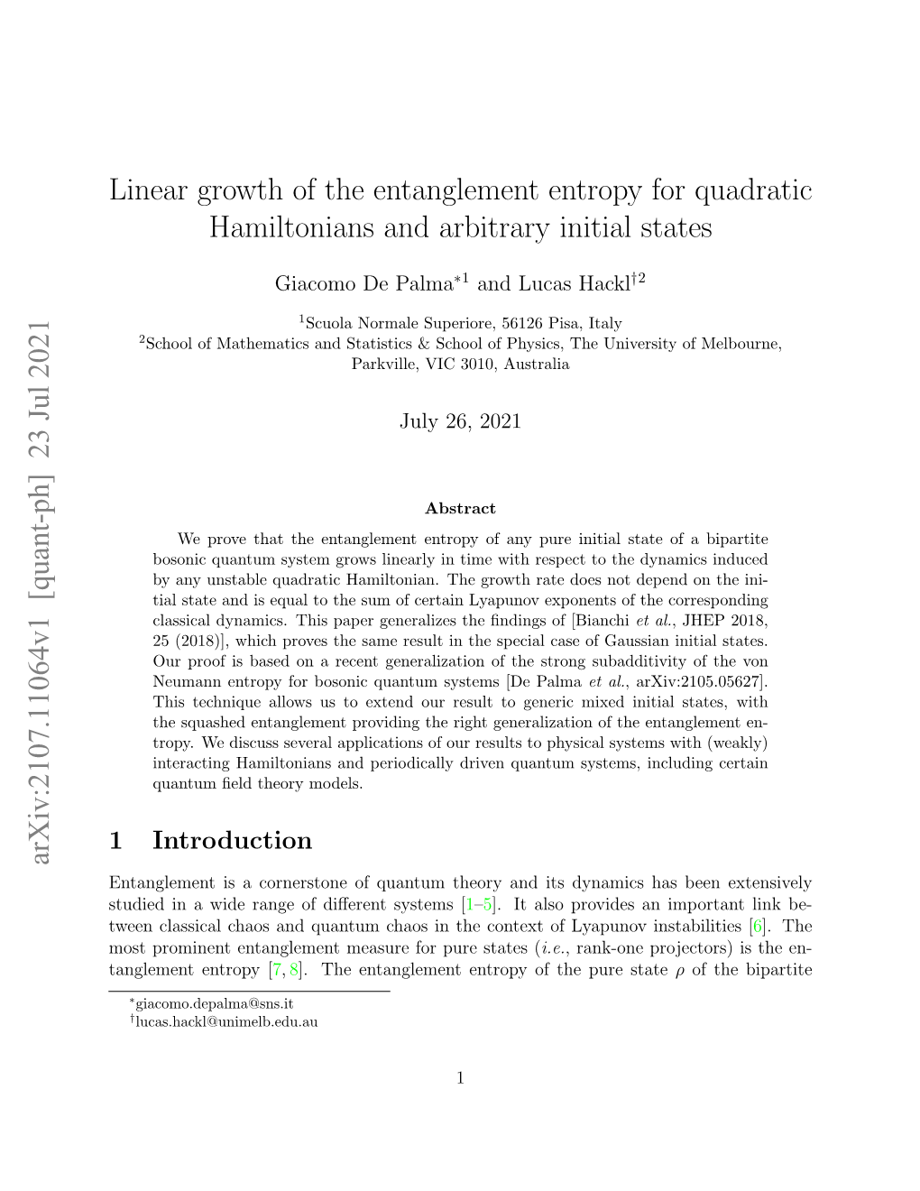 Linear Growth of the Entanglement Entropy for Quadratic Hamiltonians and Arbitrary Initial States