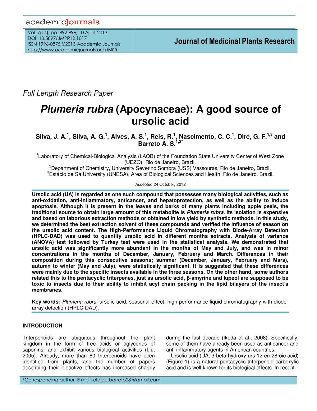 Plumeria Rubra (Apocynaceae): a Good Source of Ursolic Acid