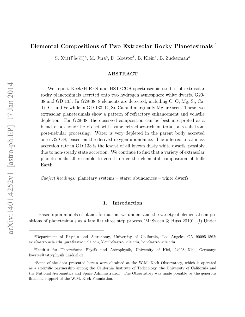 Arxiv:1401.4252V1 [Astro-Ph.EP] 17 Jan 2014