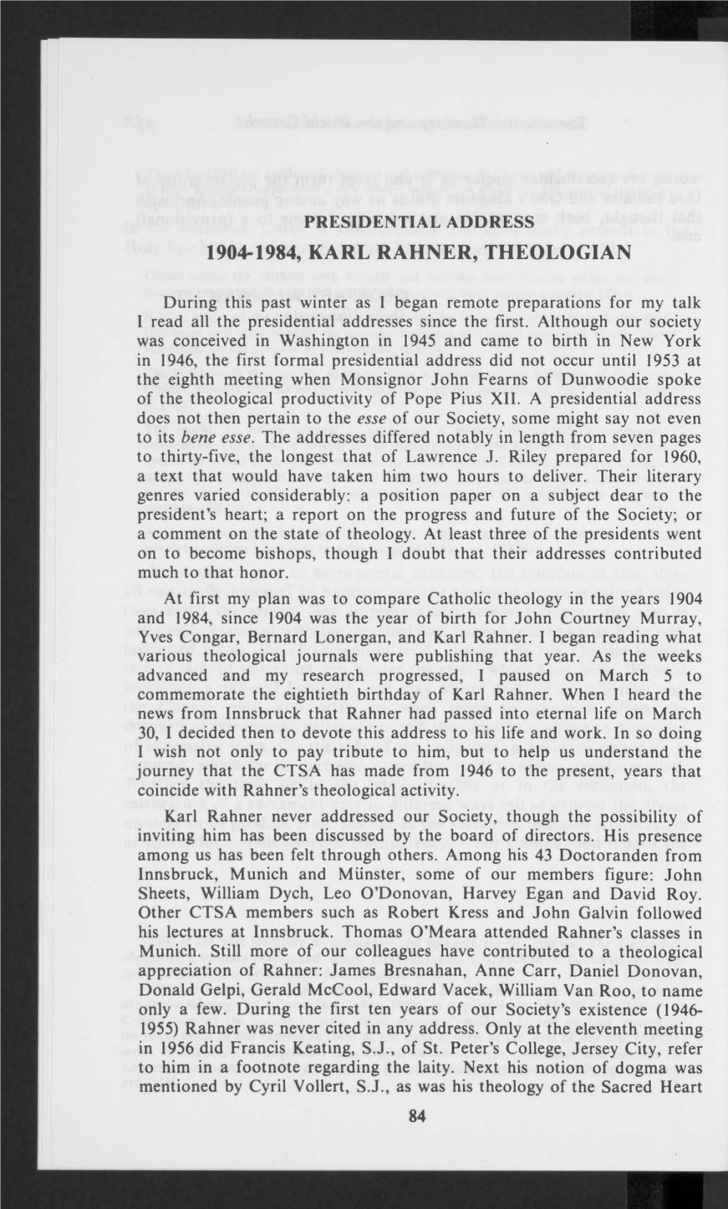 Presidential Address 1904-1984, Karl Rahner, Theologian