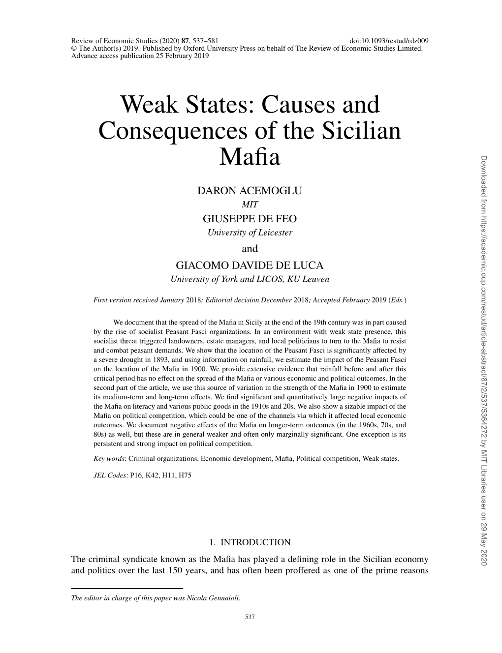 Causes and Consequences of the Sicilian Mafia