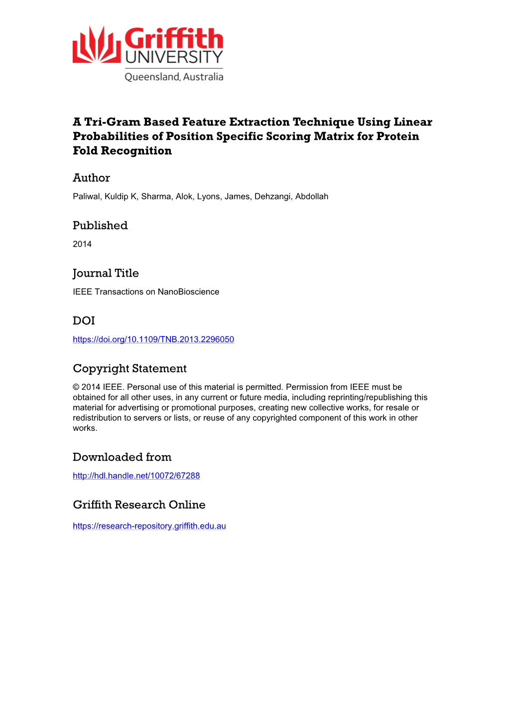 A Tri-Gram Based Feature Extraction Technique Using Linear Probabilities of Position Specific Scoring Matrix for Protein Fold Recognition