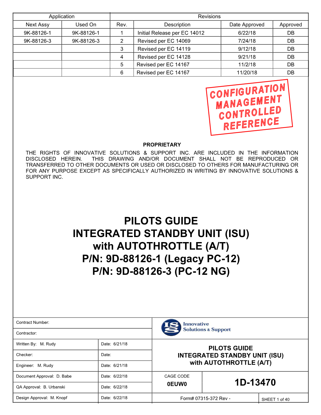 PILOTS GUIDE INTEGRATED STANDBY UNIT (ISU) with AUTOTHROTTLE (A/T) P/N: 9D-88126-1 (Legacy PC-12) P/N: 9D-88126-3 (PC-12 NG)