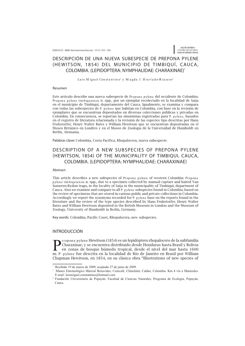 Descripción De Una Nueva Subespecie De Prepona Pylene (Hewitson, 1854) Del Municipio De Timbiquí, Cauca, Colombia