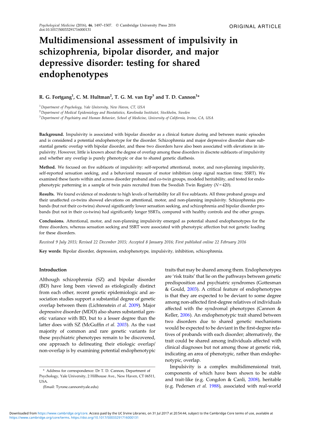 Multidimensional Assessment of Impulsivity in Schizophrenia, Bipolar Disorder, and Major Depressive Disorder: Testing for Shared Endophenotypes