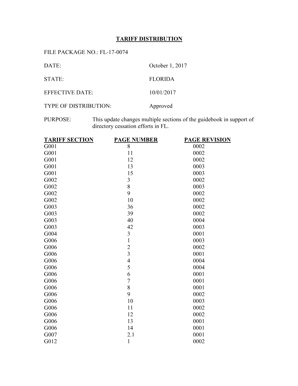 TARIFF DISTRIBUTION FILE PACKAGE NO.: FL-17-0074 DATE: October 1, 2017 STATE: FLORIDA EFFECTIVE DATE: 10/01/2017 TYPE of DISTR