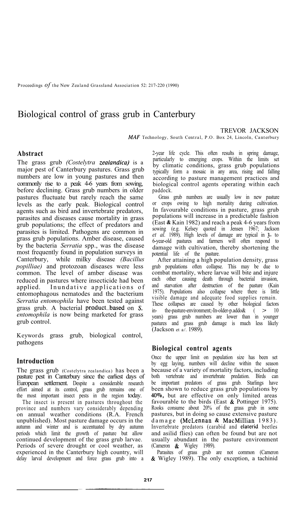 Biological Control of Grass Grub in Canterbury