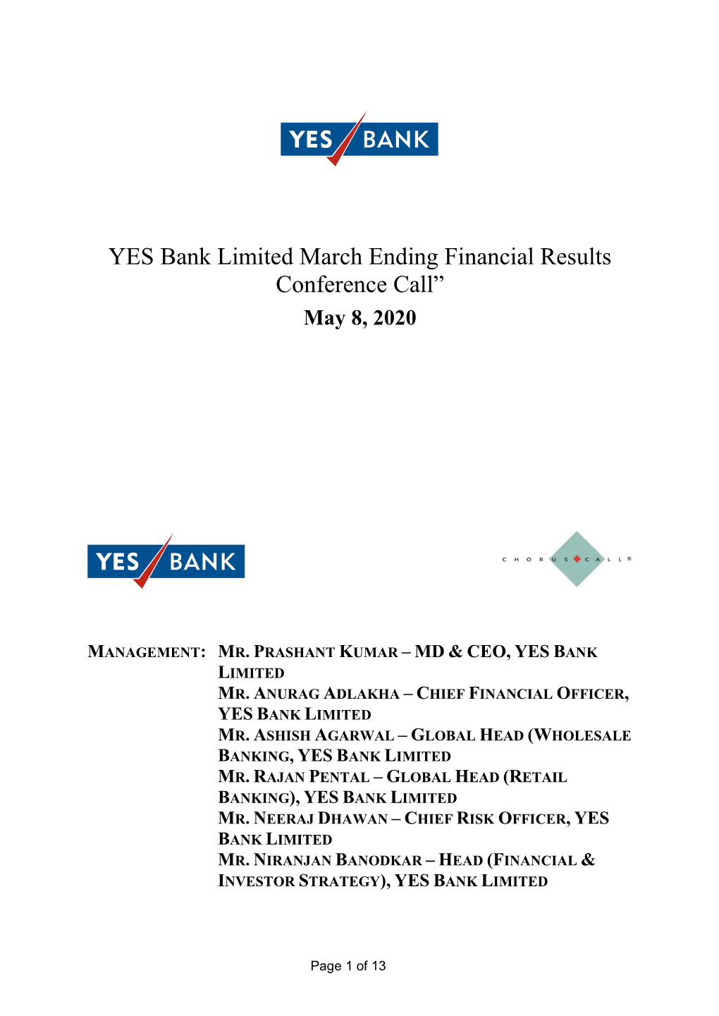 YES Bank Limited March Ending Financial Results Conference Call”