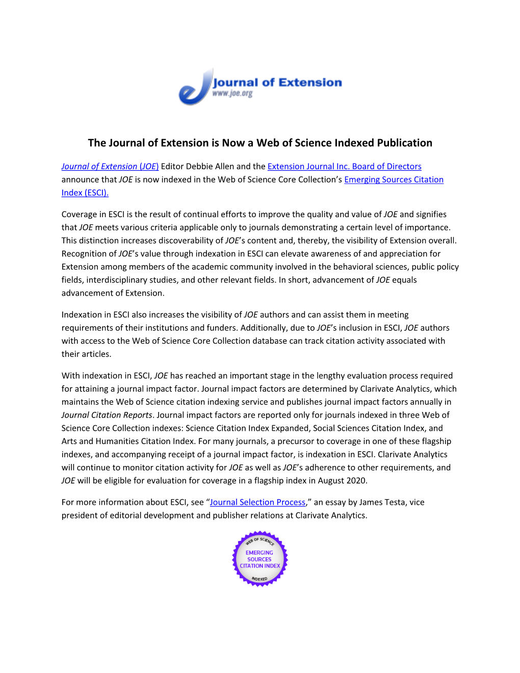 The Journal of Extension Is Now a Web of Science Indexed Publication