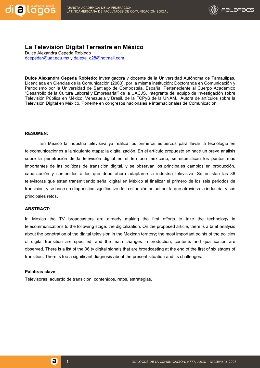 La Televisión Digital Terrestre En México Dulce Alexandra Cepeda Robledo Dcepedar@Uat.Edu.Mx Y Dalexa C28@Hotmail.Com