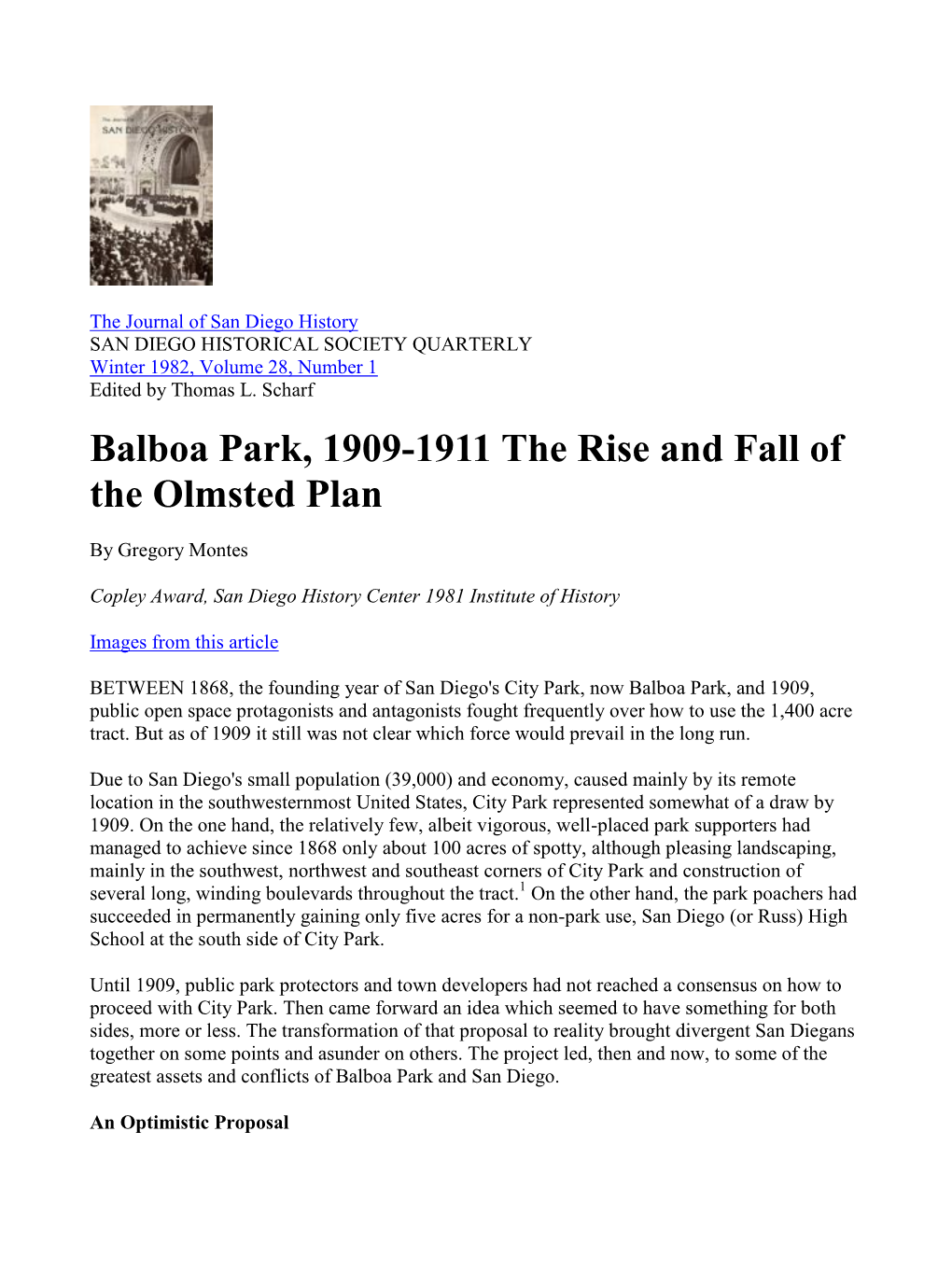 Balboa Park, 1909-1911 the Rise and Fall of the Olmsted Plan