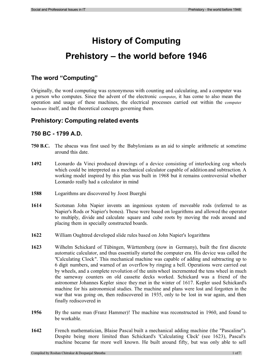 History of Computing Prehistory – the World Before 1946