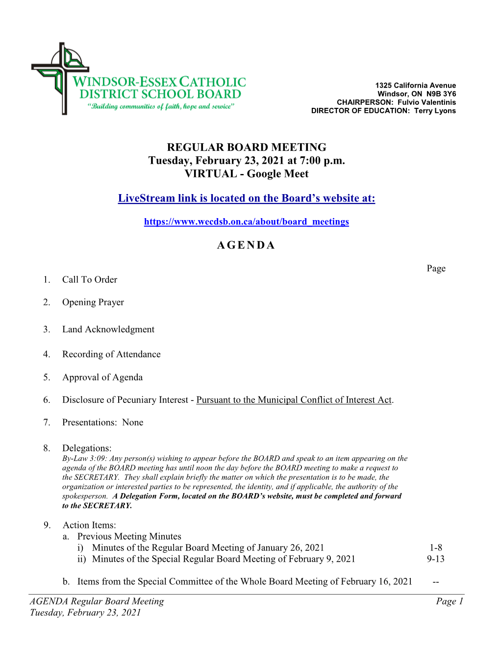 REGULAR BOARD MEETING Tuesday, February 23, 2021 at 7:00 P.M