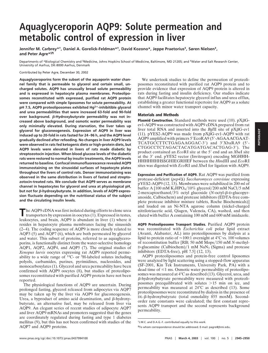 Aquaglyceroporin AQP9: Solute Permeation and Metabolic Control of Expression in Liver