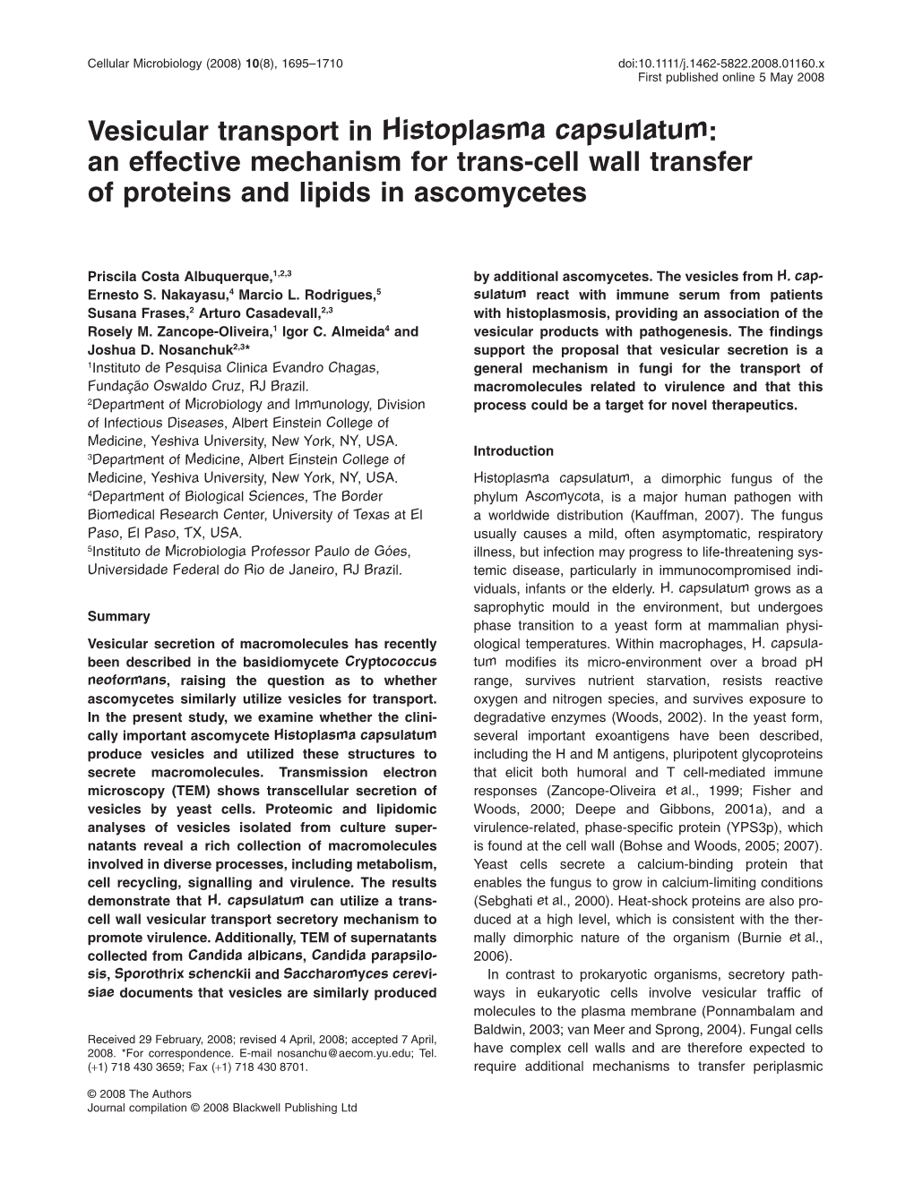 Vesicular Transport in Histoplasma Capsulatum: an Effective Mechanism for Trans-Cell Wall Transfer of Proteins and Lipids in Ascomycetes