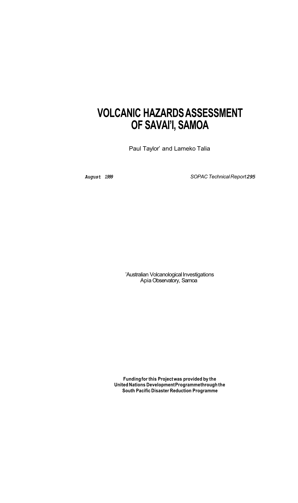 Volcanic Hazards Assessment of Savai'i, Samoa