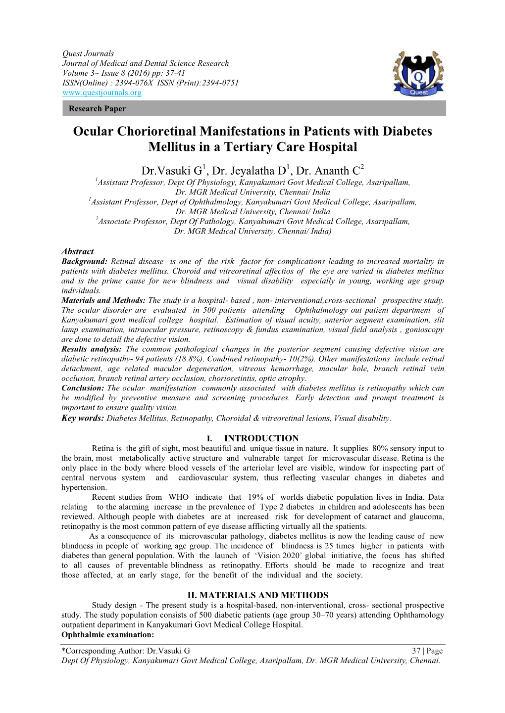 Ocular Chorioretinal Manifestations in Patients with Diabetes Mellitus in a Tertiary Care Hospital