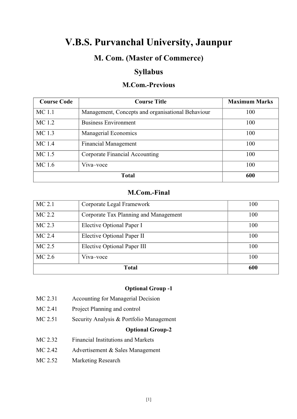 M. Com. (Master of Commerce) Syllabus