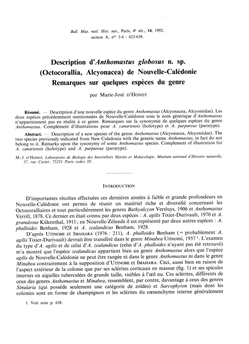 Description Anthomastus Globosus N. Sp. (Octocorallia, Alcyonacea) De Nouvelle-Calédonie Remarques Sur Quelques Espèces Du Genre