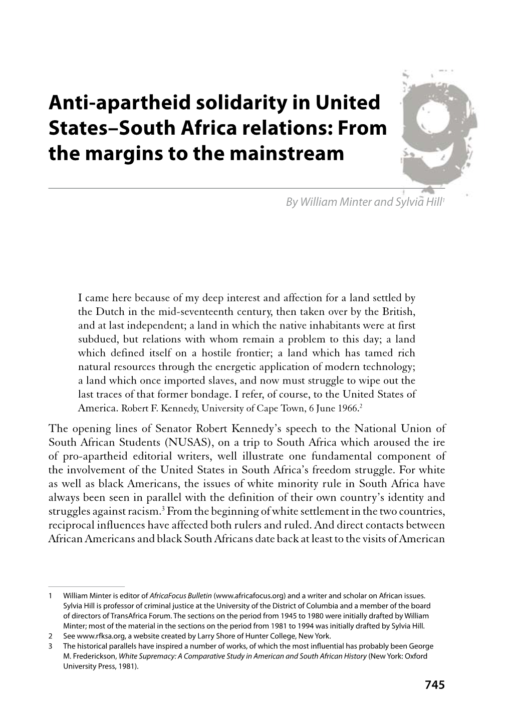 Anti-Apartheid Solidarity in United States–South Africa Relations: from the Margins to the Mainstream