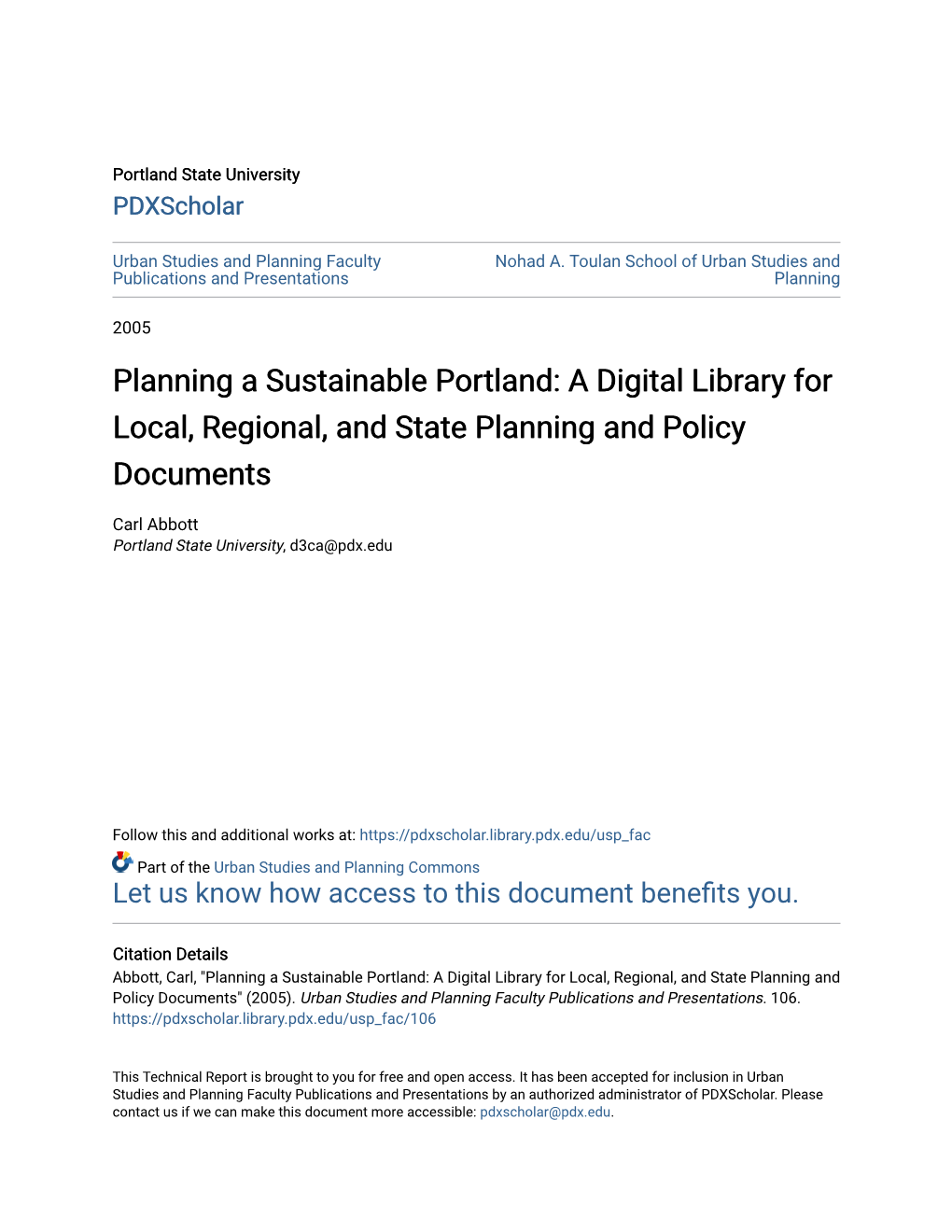 Planning a Sustainable Portland: a Digital Library for Local, Regional, and State Planning and Policy Documents