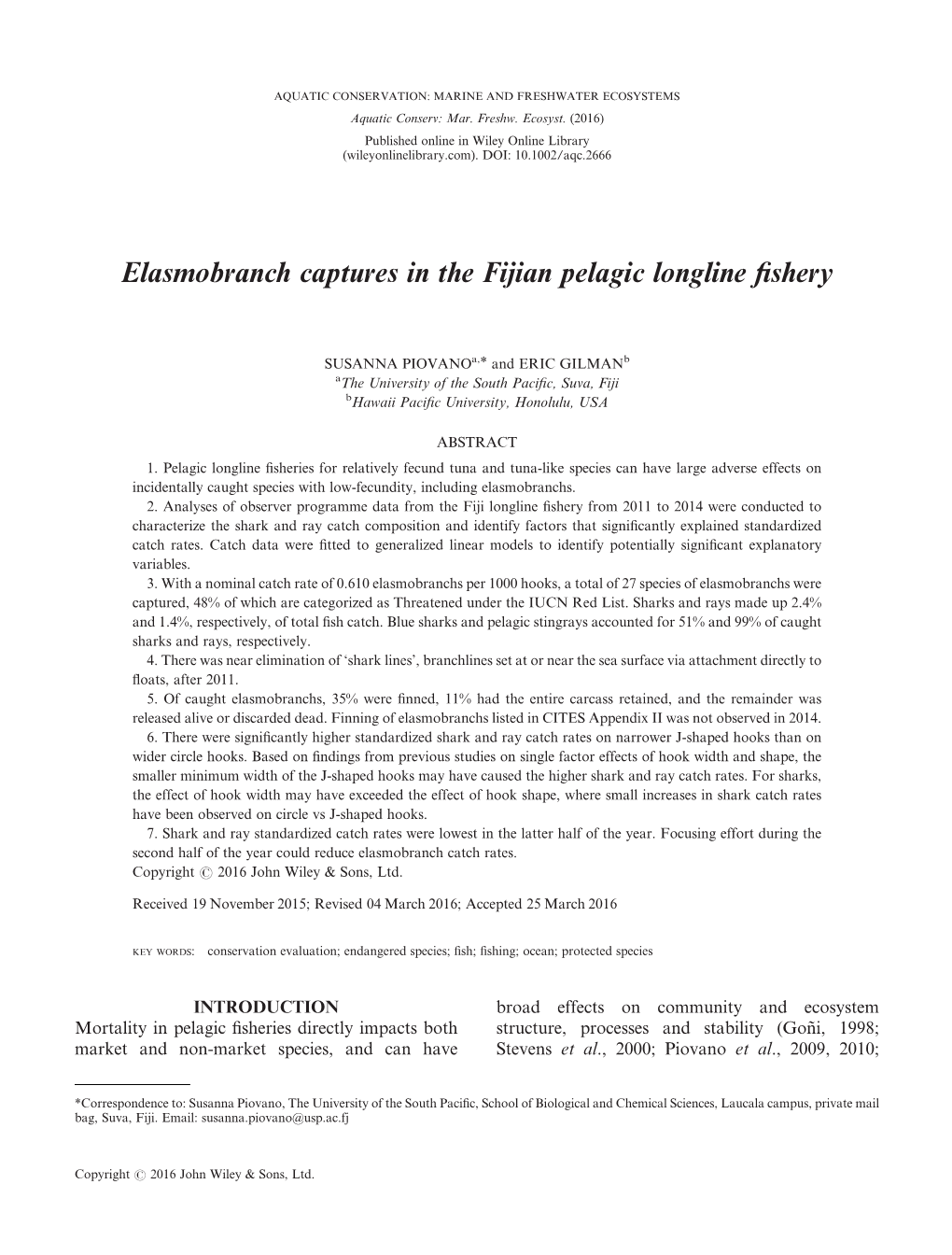 Elasmobranch Captures in the Fijian Pelagic Longline Fishery