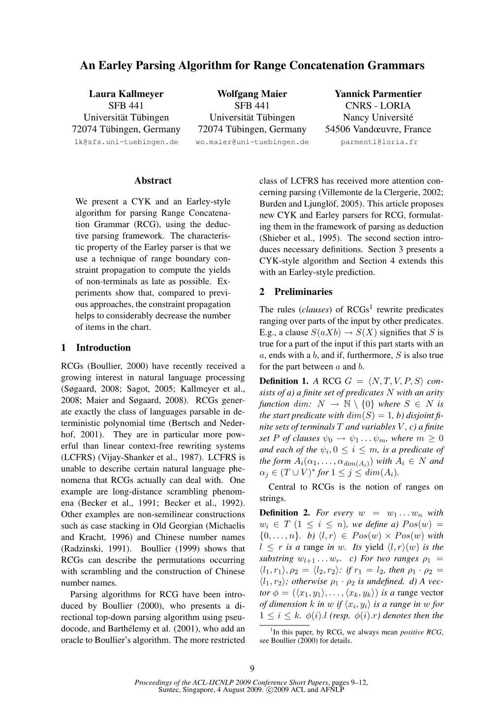 An Earley Parsing Algorithm for Range Concatenation Grammars