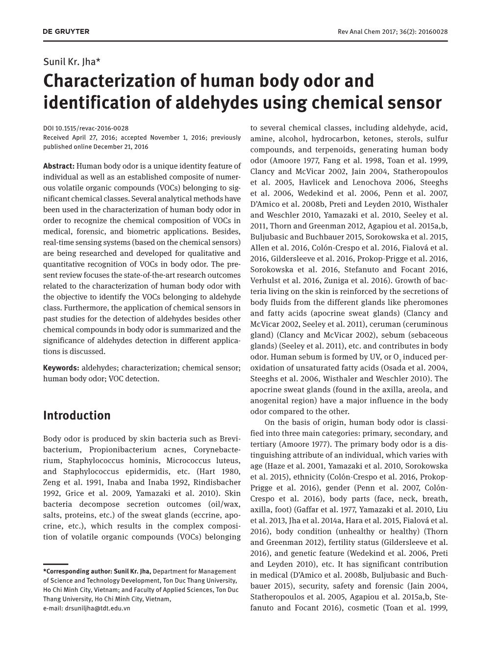 Characterization of Human Body Odor and Identification of Aldehydes Using Chemical Sensor