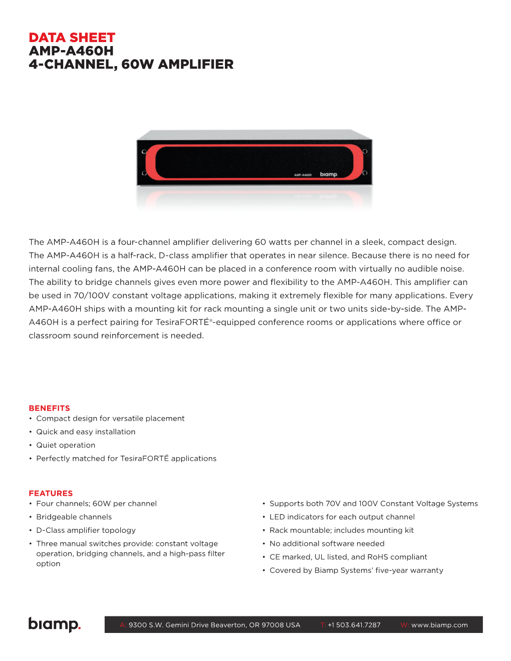 Data Sheet Amp-A460h 4-Channel, 60W Amplifier