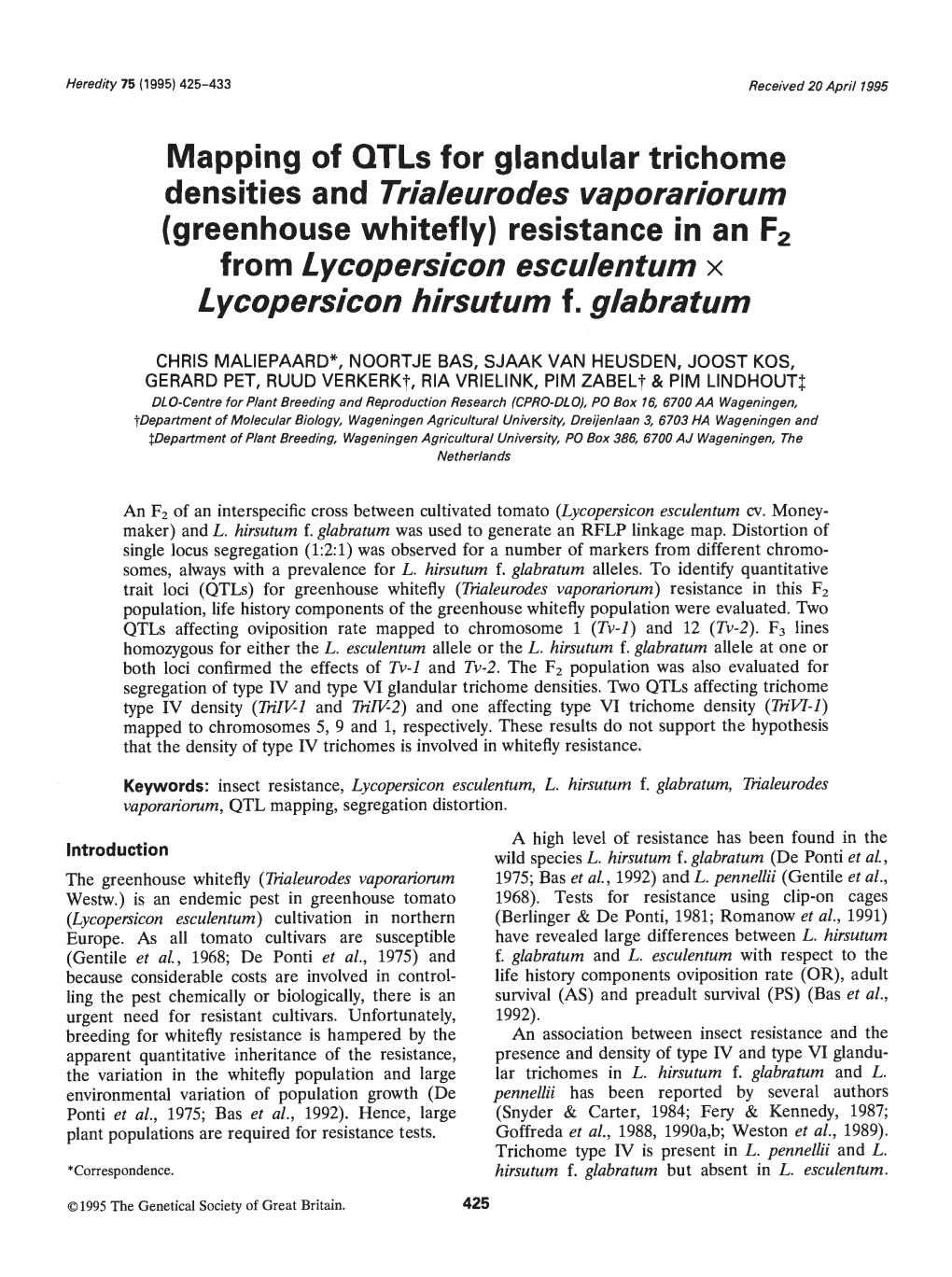 Mapping of Qtls for Glandular Trichome from Lycopersicon