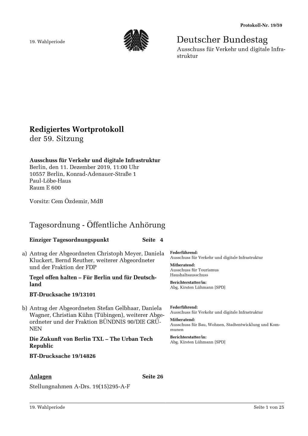 Redigiertes Wortprotokoll Der 59. Sitzung Tagesordnung