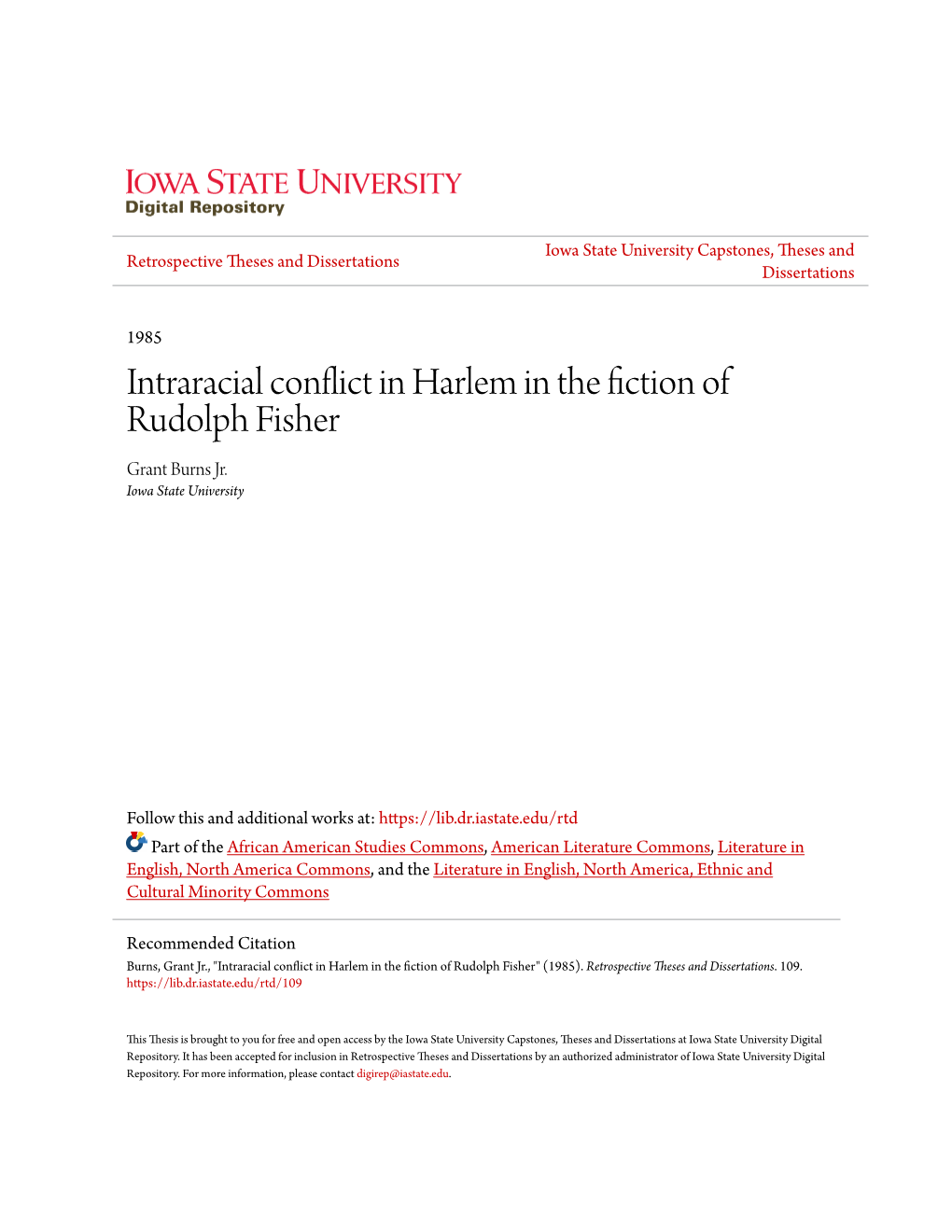 Intraracial Conflict in Harlem in the Fiction of Rudolph Fisher Grant Burns Jr