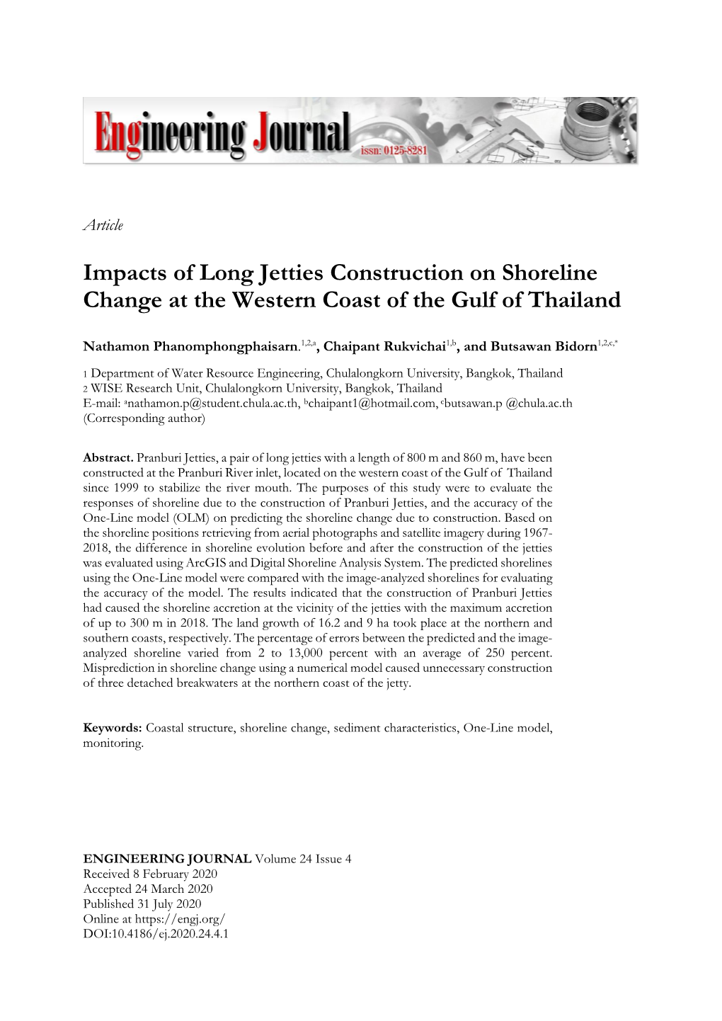 Impacts of Long Jetties Construction on Shoreline Change at the Western Coast of the Gulf of Thailand